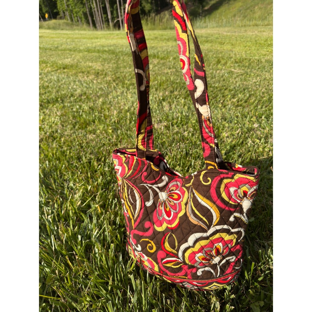 Vera Bradley Symphony in Hue Quilted Cotton Shoulder Bag Floral Tote Brown Red